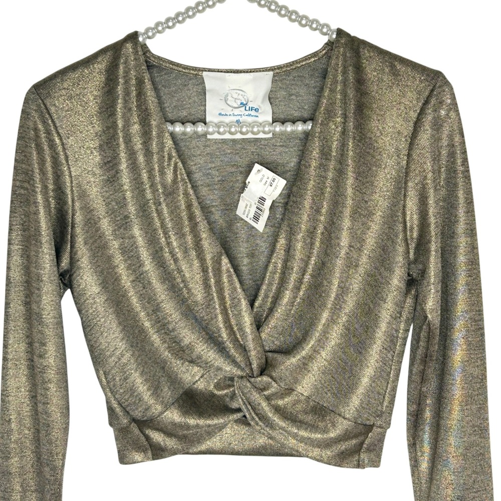 Blue Life Crop Twist Top Medium Festival Metallic Club Disco 70s Party Gold NEW - Picture 3 of 6